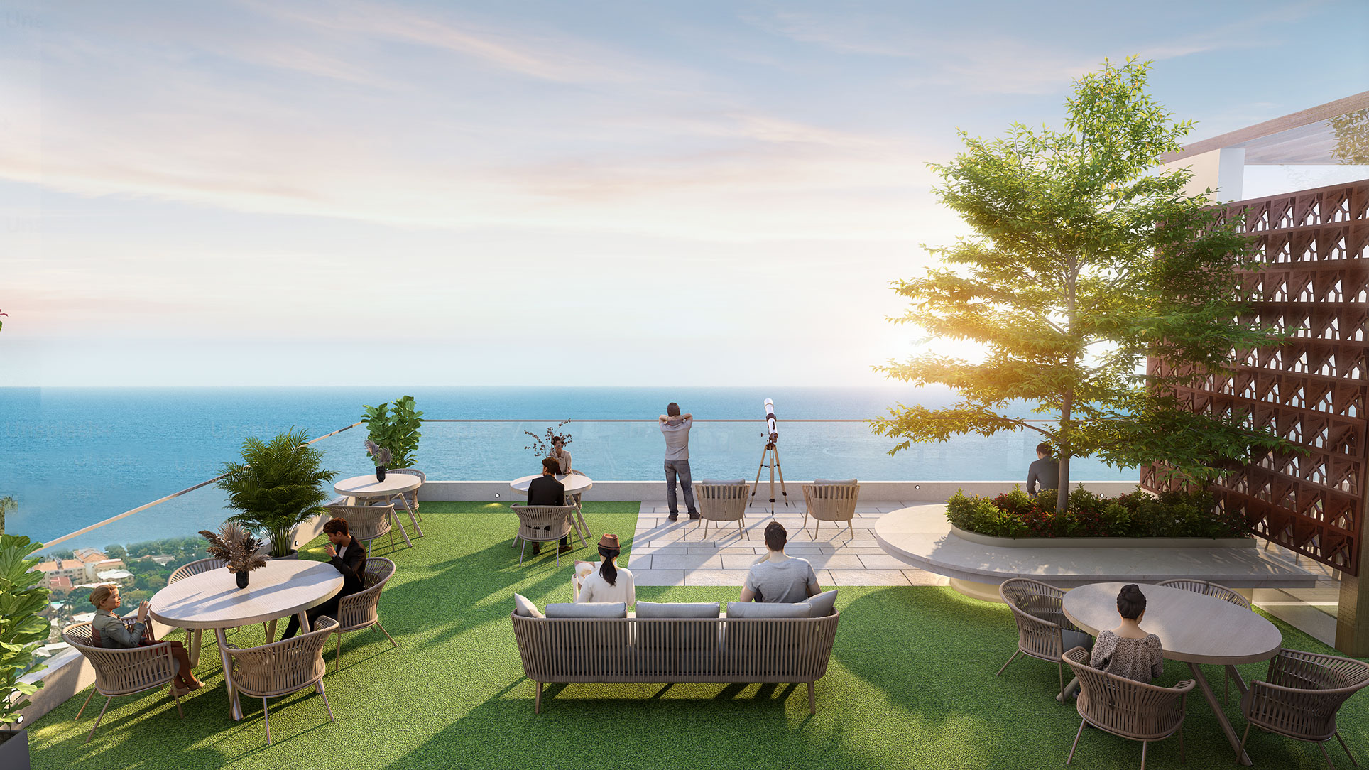 Sea-facing leisure deck at sunset