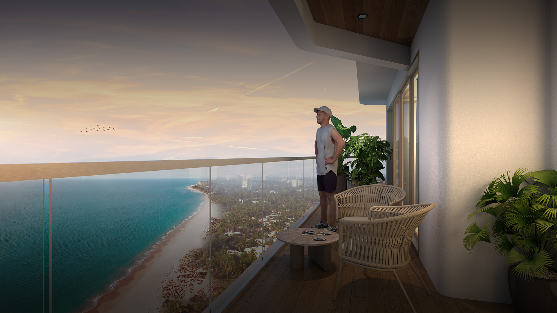 Sea-facing leisure deck at sunset