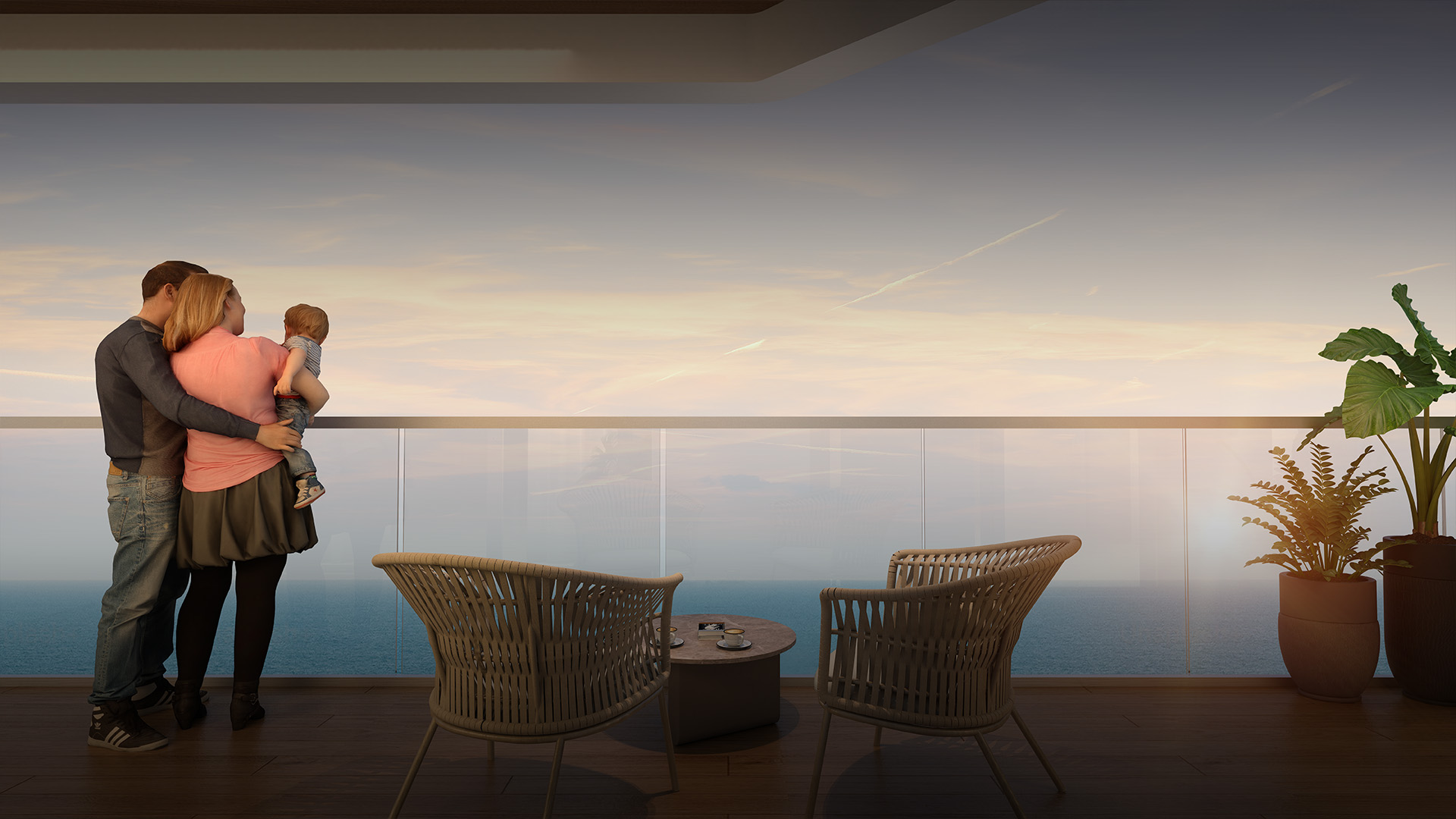 Sea-facing leisure deck at sunset